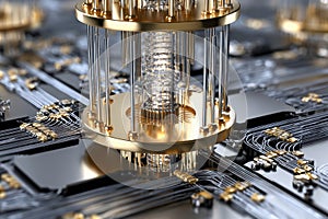 Quantum computing hardware composition featuring intricate circuit design and components