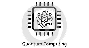 Quantum computing icon with atom symbol on microchip, representing advanced technology and future innovation in computing