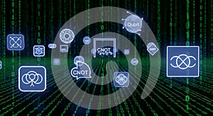 Quantum Computing Icons and Binary Code - Future Technology and AI Concept