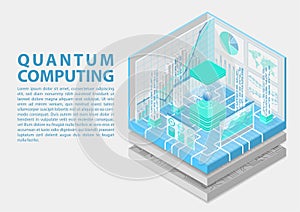 Quantum computing isometric vector illustration. 3D view on conceptual quantum computer