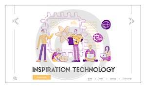 Quantum Computing Landing Page Template. Tiny Characters Engineers and Scientists Working with Quantum Computer Chip