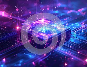 Quantum Computing Microchip, Futuristic AI Processor, Advanced Semiconductor Technology, Digital Data Flow Background