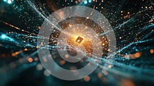 Quantum computing processing data with glowing curves and particles