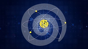 Quantum computing processor with AI data analysis HUD interface. Digital wireframe technology for big data, machine learning,