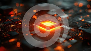 Quantum computing processor emitting orange light on motherboard