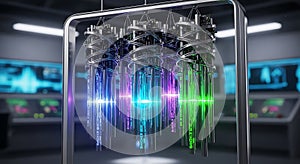 Quantum Computing Processor with Glowing Qubits in Futuristic Science Lab