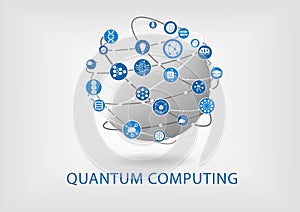 Quantum computing vector illustration with connected world.