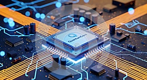 Quantum core processor on advanced circuit board with complex electronic components and wires