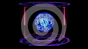 Quantum futuristic computer abstract blue light sphere ball core visualization in digital laboratory capsule with laser magenta