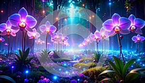Quantum Orchid Garden. Artificial Intelligence concept. Generated Image