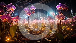 Quantum Orchid Garden. Artificial Intelligence concept. Generated Image