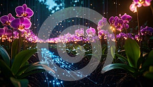 Quantum Orchid Garden. Artificial Intelligence concept. Generated Image