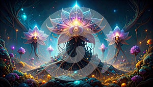 Quantum Orchid Garden. Artificial Intelligence concept. Generated Image