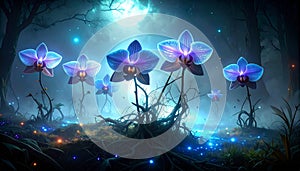 Quantum Orchid Garden. Artificial Intelligence concept. Generated Image