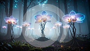 Quantum Orchid Garden. Artificial Intelligence concept. Generated Image