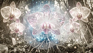 Quantum Orchid Garden. Artificial Intelligence concept. Generated Image