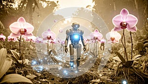 Quantum Orchid Garden. Artificial Intelligence concept. Generated Image