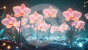 Quantum Orchid Garden. Artificial Intelligence concept. Generated Image
