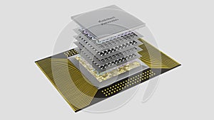 Quantum processor concept with quantum qubits circuit boards in layers, wiring, cover, 3D rendering, an exploded view