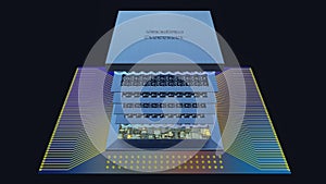 Quantum processor concept with quantum qubits circuit boards in layers, wiring, cover, 3D rendering, an exploded view