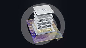 Quantum processor concept with quantum qubits circuit boards in layers, wiring, cover, 3D rendering, an exploded view