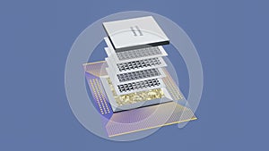 Quantum processor concept with quantum qubits circuit boards in layers, wiring, cover, 3D rendering, an exploded view