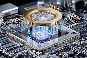 Quantum processor core with advanced technology and shimmering lights on circuit board