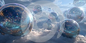 Quantum simulation of a parallel universe, floating multiverse spheres. By generative Ai