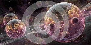 Quantum simulation of a parallel universe, floating multiverse spheres. By generative Ai