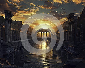 Quantum sunrise over Roman ruins cybersecurity elves clashing with Yakuza twilight of empires-hq-width-4800px photo