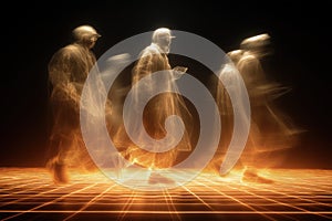 Quantum superposition visualized as multistate human floating above glowing atomic grid