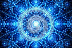 Quantum Technology: Abstract Fractal Patterns Illuminated in Blue