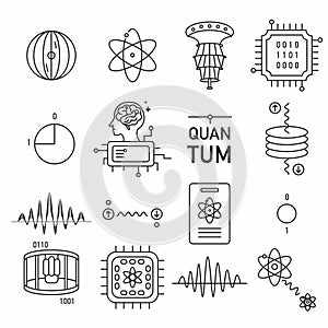 Quantum technology line icon with quantum computing,chip, atom, wave