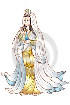 Quanyin or Guan Yin Chinese god and art Guan Yin character design. Colorful Buddhism religious illustration vector