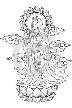 Quanyin or Guan Yin stand on lotus with aureole behind head and cloud background. Chinese god and art Guan Yin character design