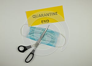Quarantine completion concept, medical mask scissors