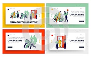 Quarantine Control Landing Page Template Set. Characters Violate Self Isolation, Policemen Arrest Person