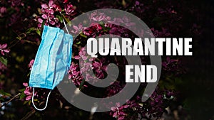 Quarantine Coronavirus pandemic end, post covid 19, new normal concept. Face Masks on blooming pink trees