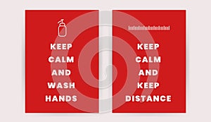 Quarantine Coronavirus posters. Keep calm sign wash hands social distance design templates. Creative banners isolated background