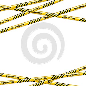 Quarantine COVID-19 banner with caution tapes and copy space. Warning tapes isolated on white background. Black and