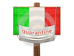Quarantine during the COVID-19 coronavirus pandemic in Italy. Medical mask with the inscription Quarantine hangs on a sign with an