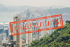 Quarantine due to coronavirus epidemic covid19 Hong Kong skyline. View from Victoria Peak