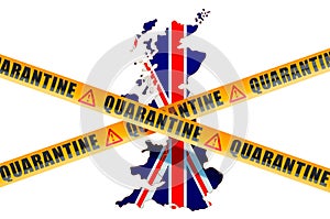 Quarantine in Great Britain concept. The United Kingdom map with caution barrier tapes, 3D rendering