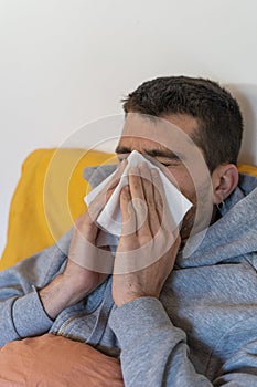 Quarantine oubreak Coronavirus. Sick man of corona virus lying down in bed wearing mask protection mask and recovery from home