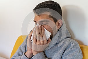 Quarantine oubreak Coronavirus. Sick man of corona virus lying down in bed wearing mask protection mask and recovery from home