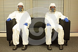 Quarantine.  Professionals in  protective uniforms on forced vacation, waiting for the end