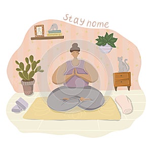 Quarantine or self-isolation. The girl is sitting in the lotus position. Home yoga classes. To stay home