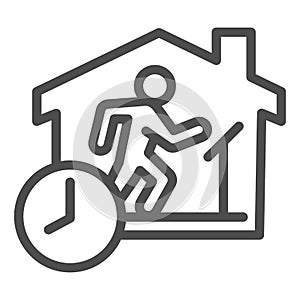 Quarantine sports at home line icon. Person jogging at treadmill with clock outline style pictogram on white background