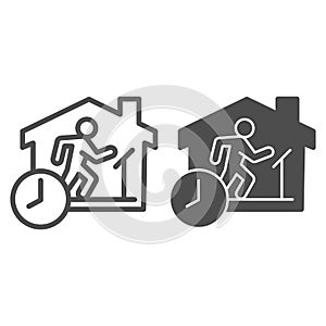 Quarantine sports at home line and solid icon. Person jogging at treadmill with clock outline style pictogram on white