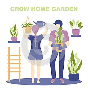 Quarantine, stay at home concept - people sitting at their home, Woman and man grow home plants, water and plant flowers photo